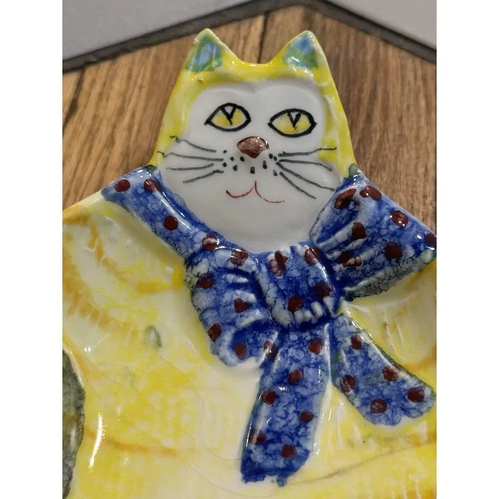 Yellow Cat Soap Dish Trinket Tray Spoken Rest Hand Painted Art Decor Italian EUC